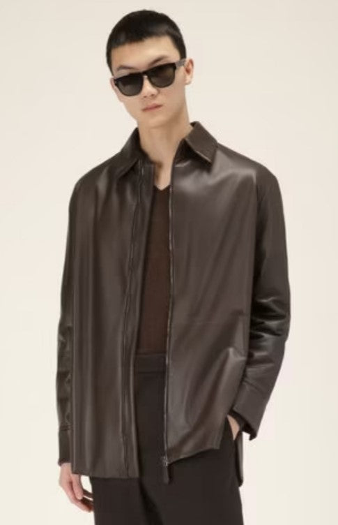 Men's Full Sleeve Leather Shirt In Coffee Brown