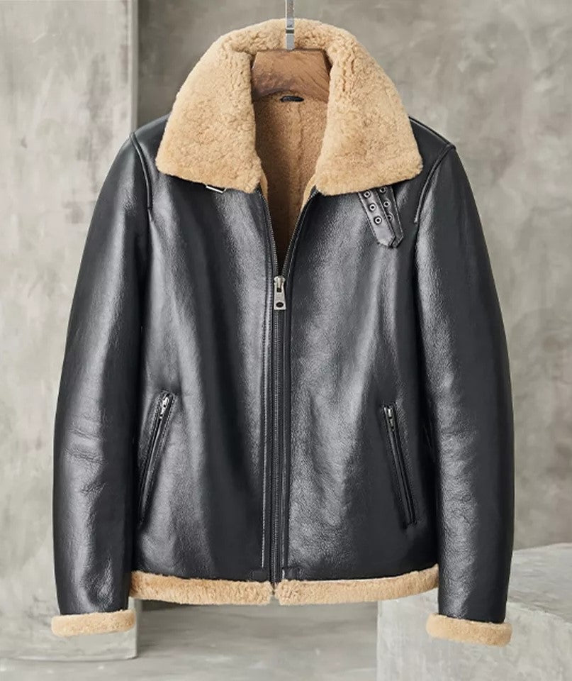 Men's Fur B3 Bomber Black Leather Jacket