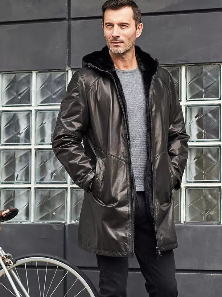 Men's Fur Sheepskin Leather Coat In Black With Hood