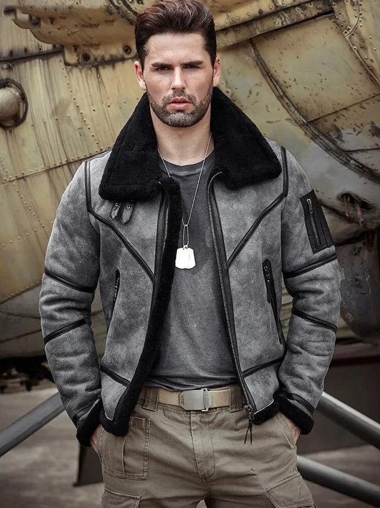 Arcane Fox - Men's Gray B3 Aviator Shearling Leather Jacket