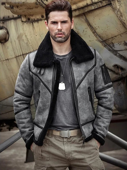 Arcane Fox - Men's Gray B3 Aviator Shearling Leather Jacket