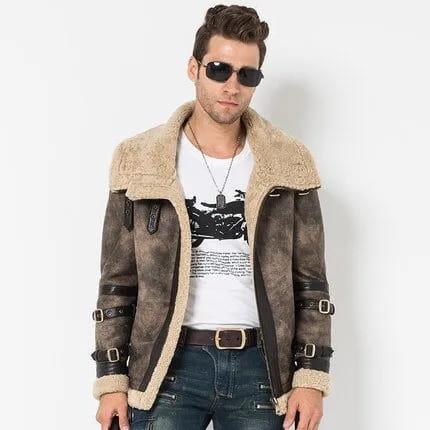 Men's Gray B3 Shearling Distressed Leather Jackets With Oversized Collar - Arcane Fox