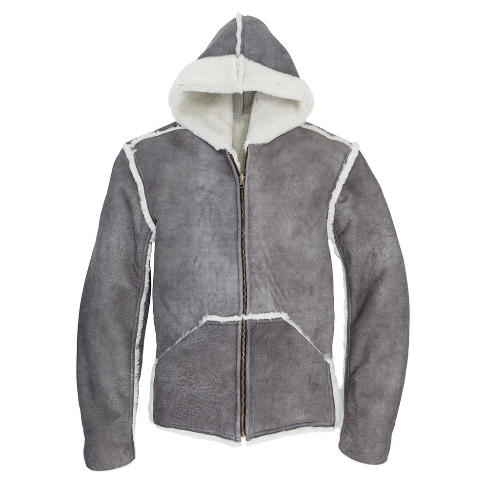 Men's Gray Hooded Fur Leather Jacket