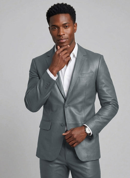 Men's Gray Leather Blazer