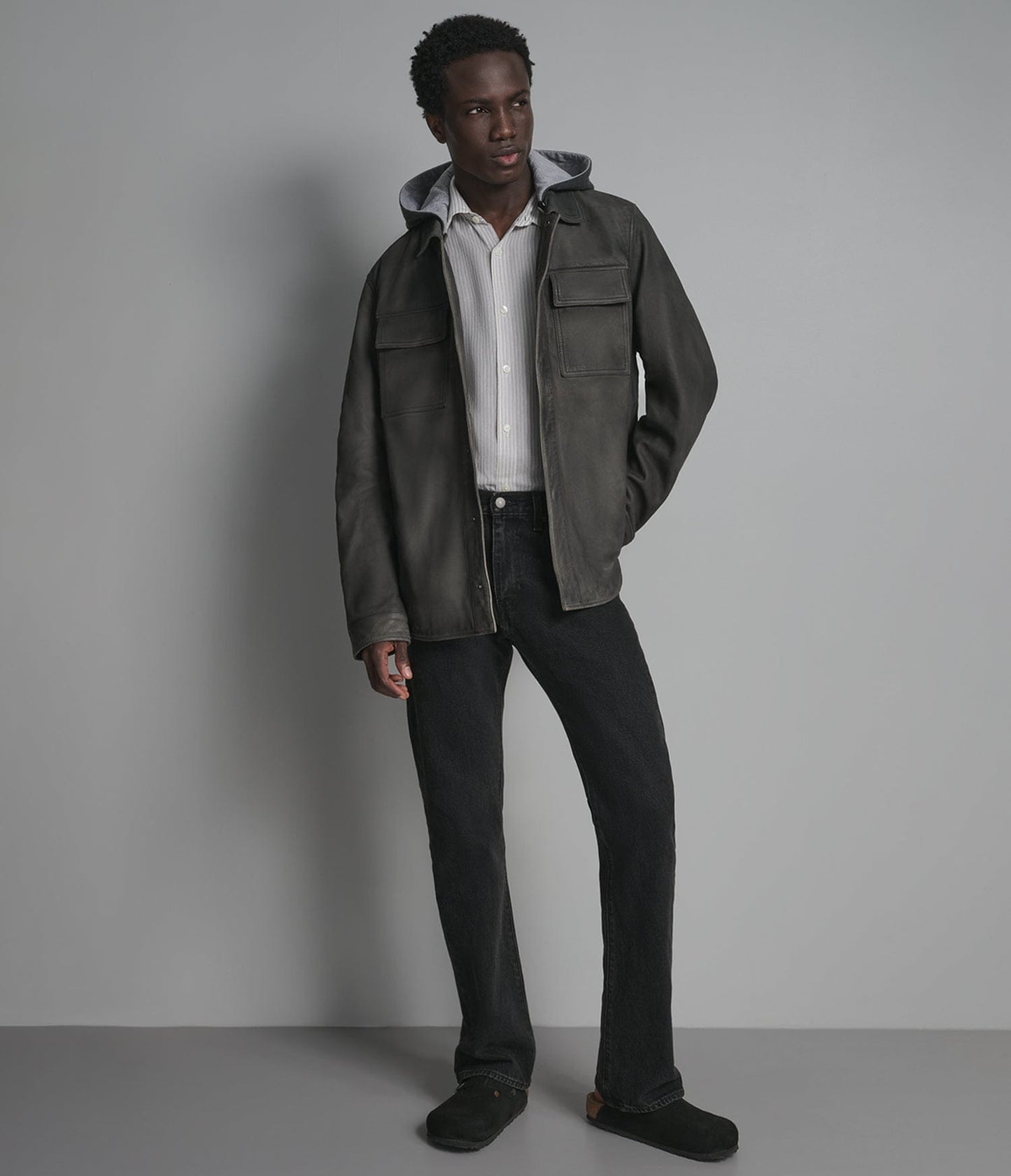 Men's Gray Trucker Leather Jacket - Arcane Fox