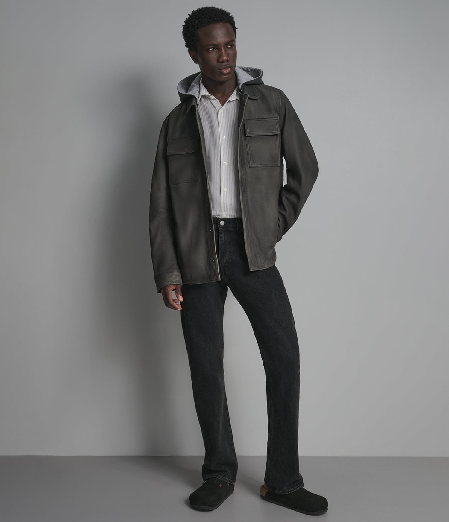 Men's Gray Trucker Leather Jacket - Arcane Fox