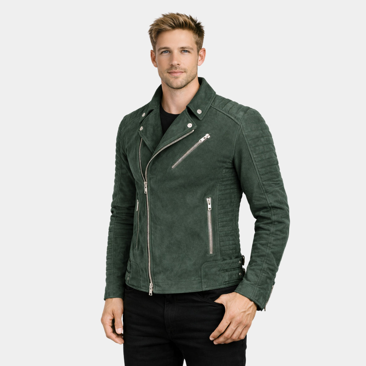 Men's Green Biker Suede Leather Jacket