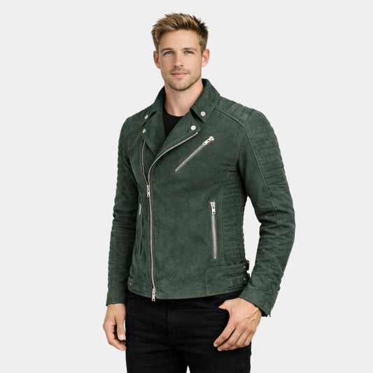 Men's Green Biker Suede Leather Jacket
