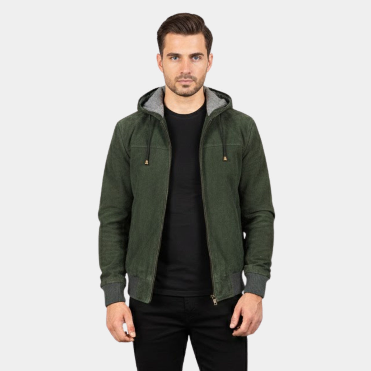 Men's Green Suede Hooded Leather Jacket