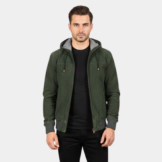Men's Green Suede Hooded Leather Jacket