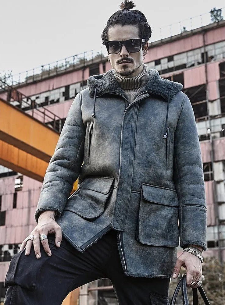 Men's Hooded Shearling Distressed Leather Coat In Gray - Arcane Fox