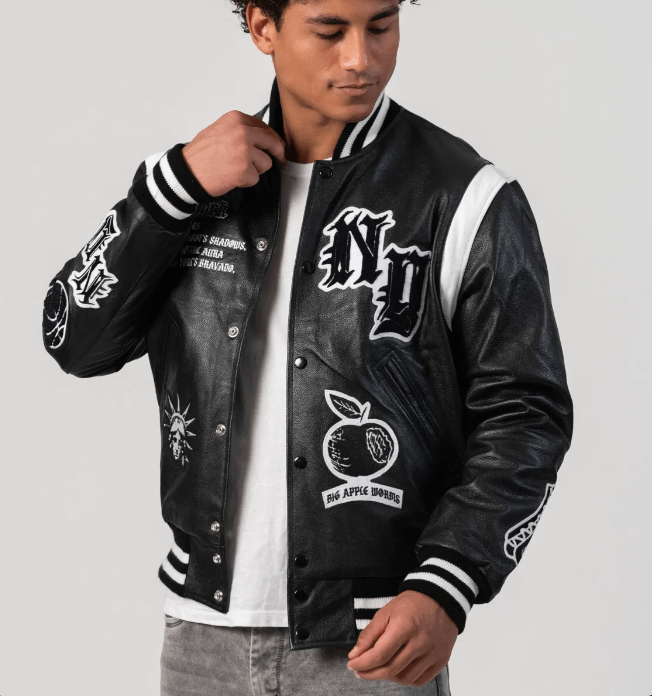Men's Letterman Bomber Leather Jacket In Black