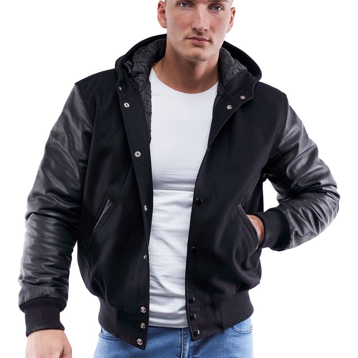 Men's Letterman Varsity Leather Jacket In Black With Hood