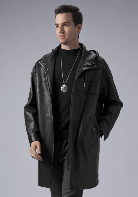 Men's Mid Length Leather Coat In Black With Hood
