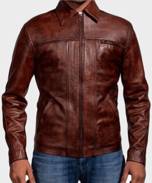 Men's Motorcycle Distressed Leather Jacket In Dark Brown