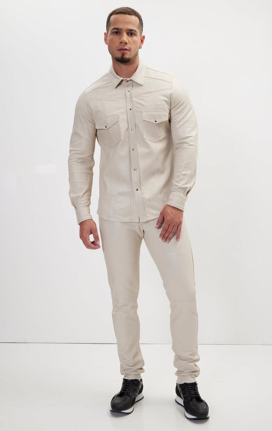 Men's Off White Leather Biker Pant