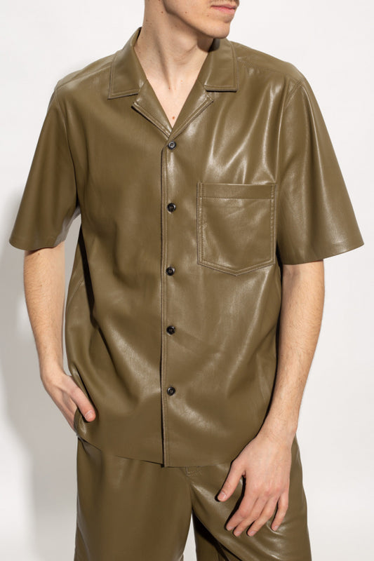 Men's Olive Green Leather Shirt In Half Sleeve