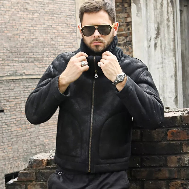 Men's Oversized Collar Shearling Black Leather Jacket