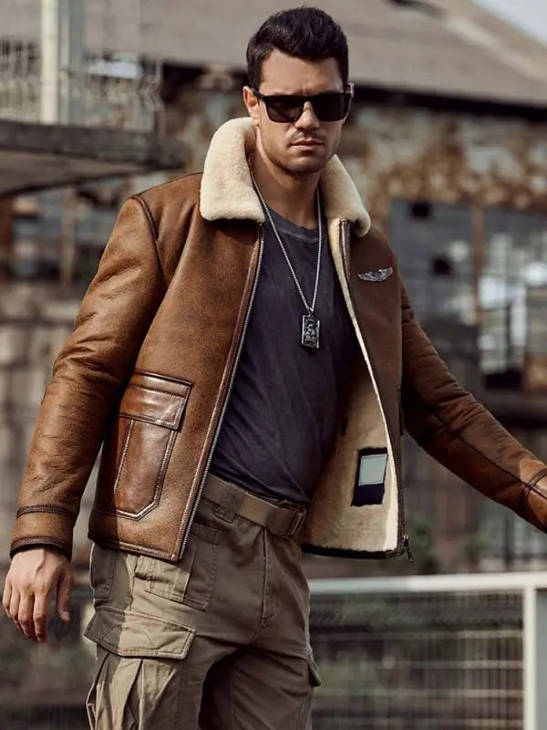 Arcane Fox - Men's Raf Shearling Aviator Leather Jacket In Brown