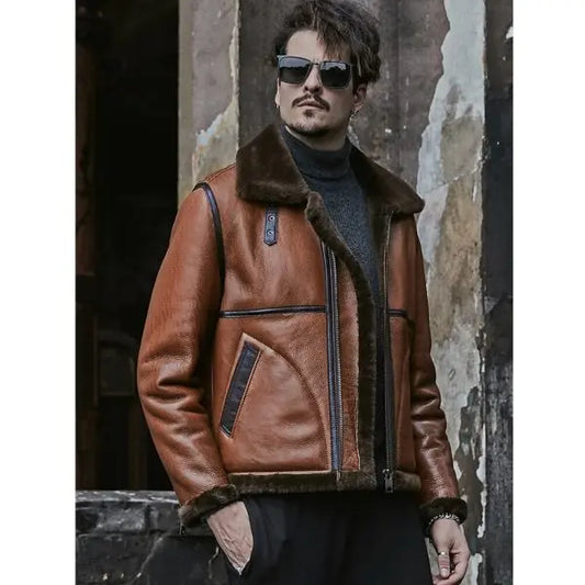 Arcane Fox - Men's Shearling B3 Bomber Leather Jacket In Dark Brown