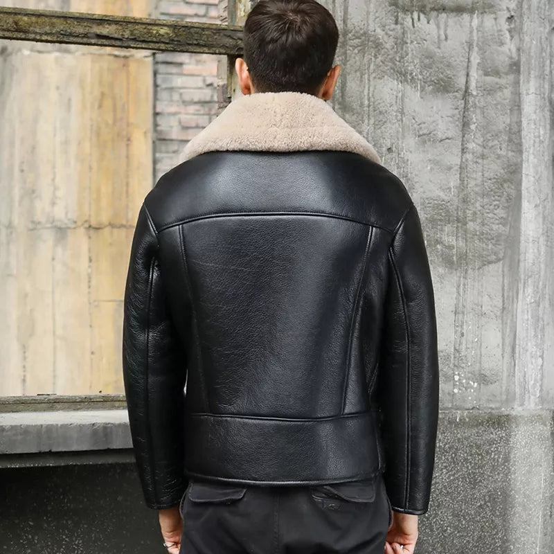 Men's Shearling Black leather jacket With Oversized Collar