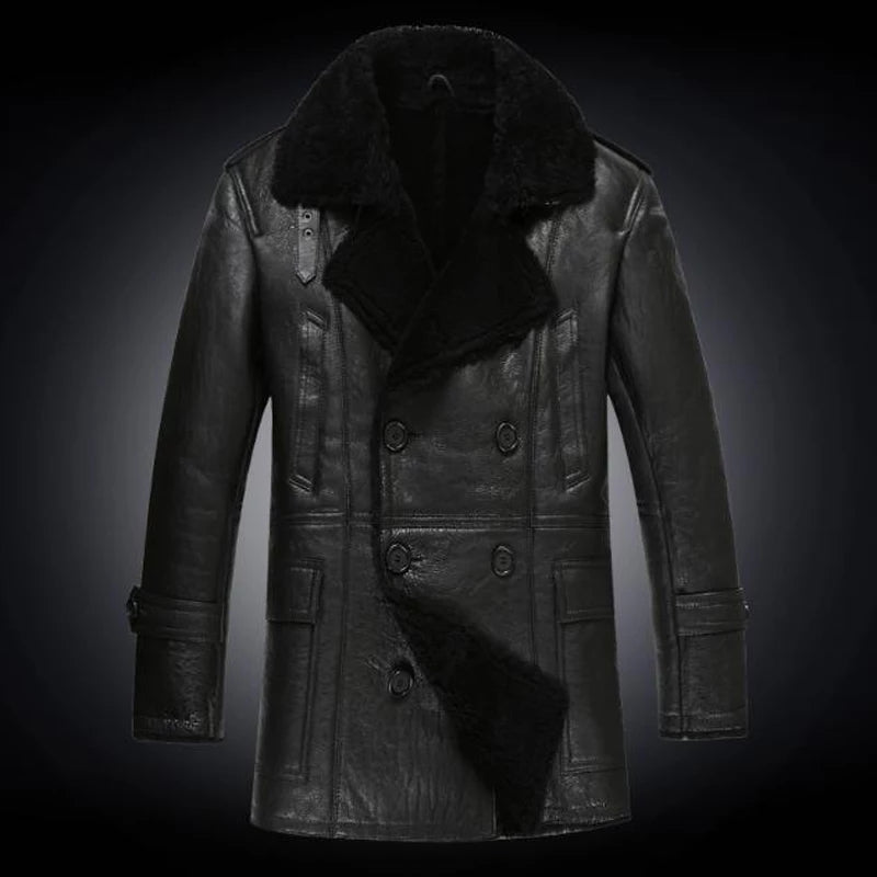 Men's Shearling Fur Leather Coat In Black