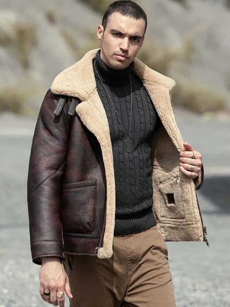 Men's Shearling Harrington Distressed Leather Jacket In Brown - Arcane Fox