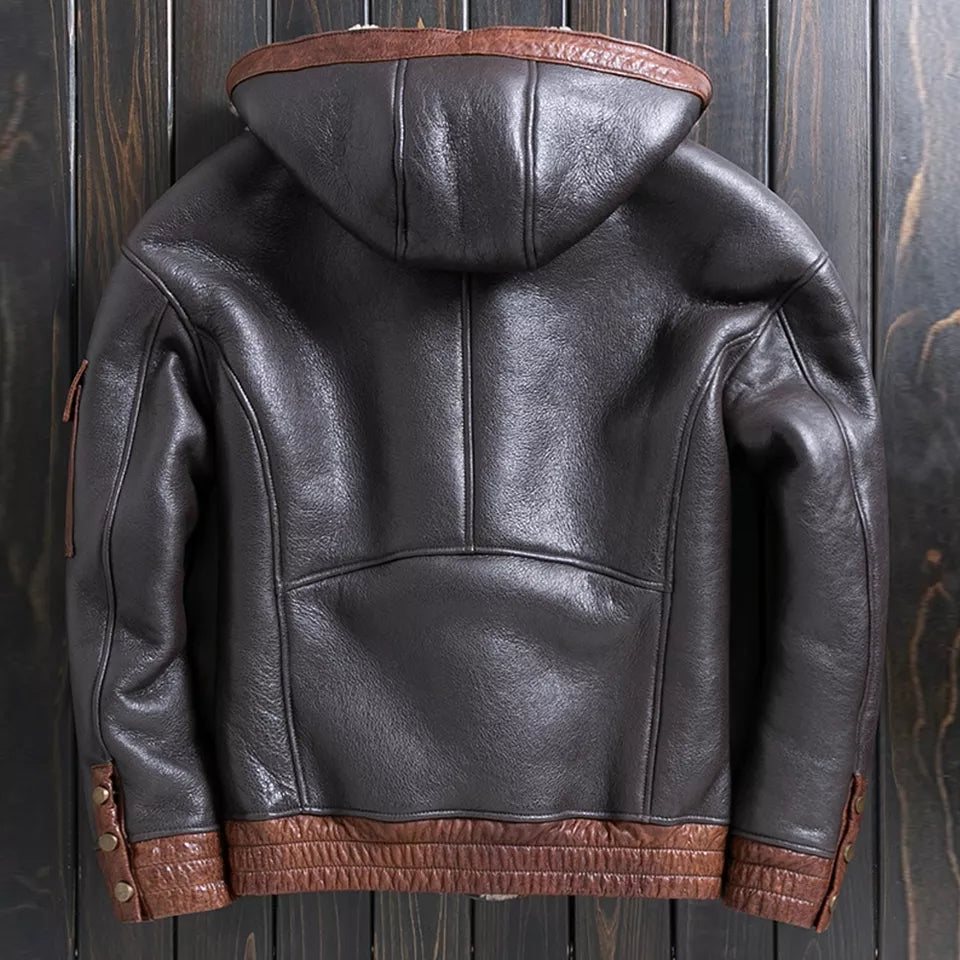 Men's Shearling Hooded Leather Jacket In Black
