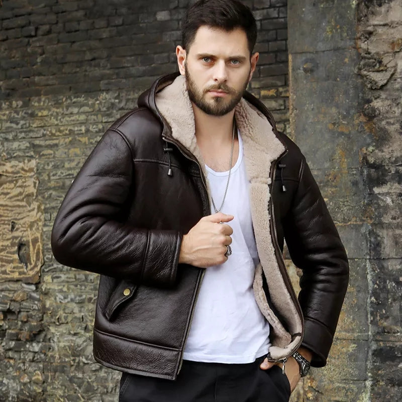 Men's Shearling Hooded Leather Jacket In Coffee Brown