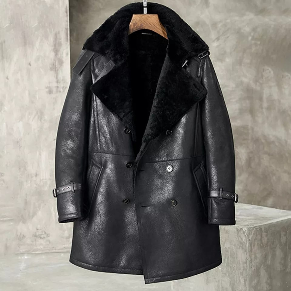 Men's Shearling Leather Coat In Black