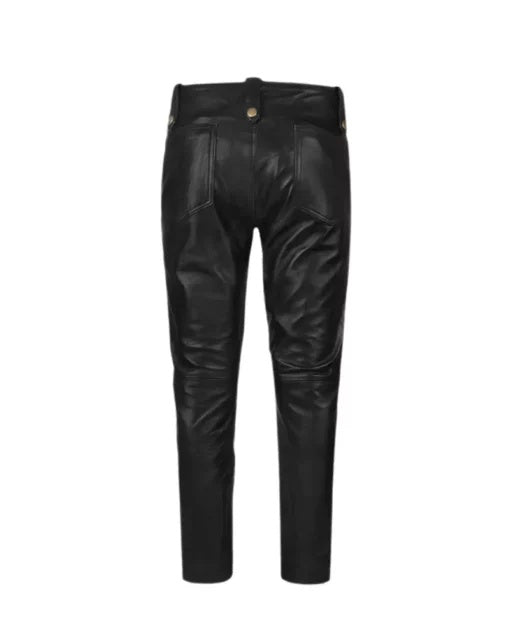 Men's Skinny Black Leather Pant With Golden Zip