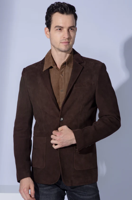Men's Suede Leather Blazer In Dark Brown