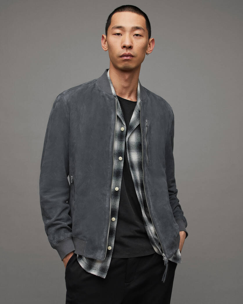 Men's Suede Leather Bomber Jacket In Dark Gray