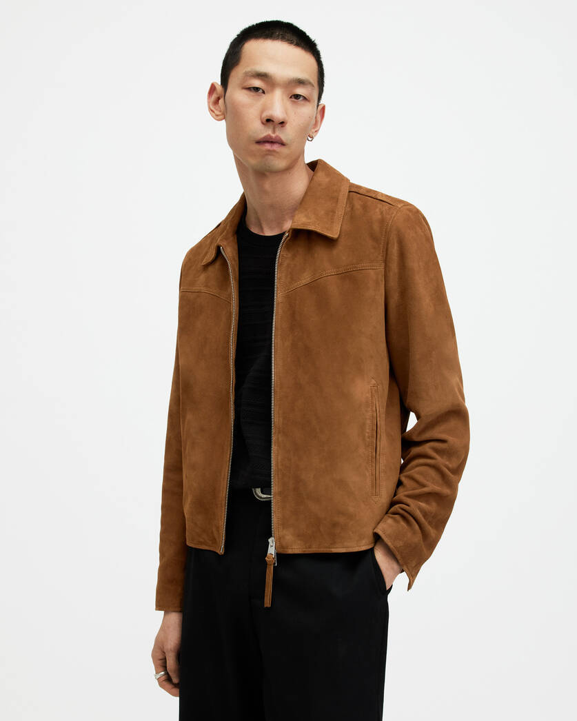Men's Suede Leather Jacket In Brown