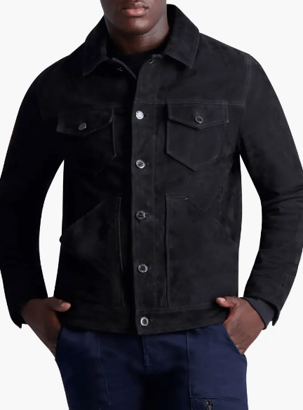 Men's Suede Leather Trucker Jacket In Black
