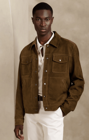 Men's Suede Leather Trucker Jacket In Dark Brown