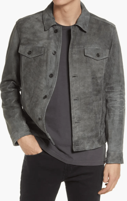Men's Suede Leather Trucker Jacket In Gray