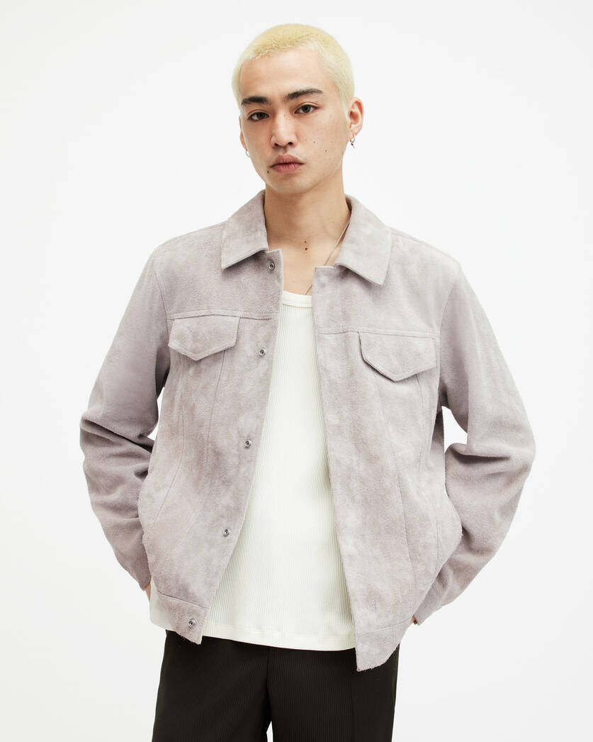 Men's Suede Leather Trucker Jacket In White Gray