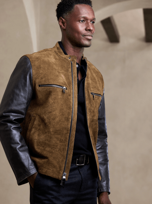 Men's Suede Motorcycle Leather Jacket In Brown