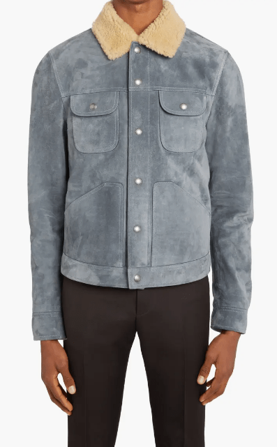 Men's Suede Trucker Shearling Leather Jacket In Sky Blue