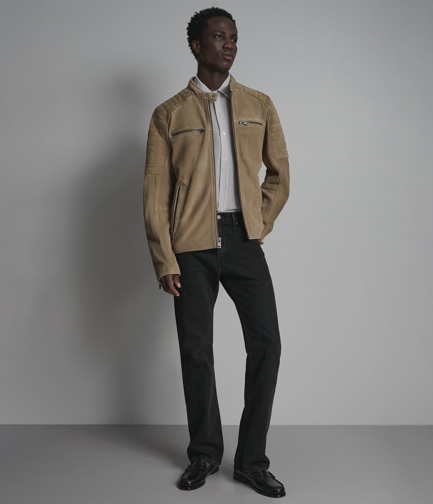 Men's Tan Cafe Racer Suede Leather Jacket - Arcane Fox