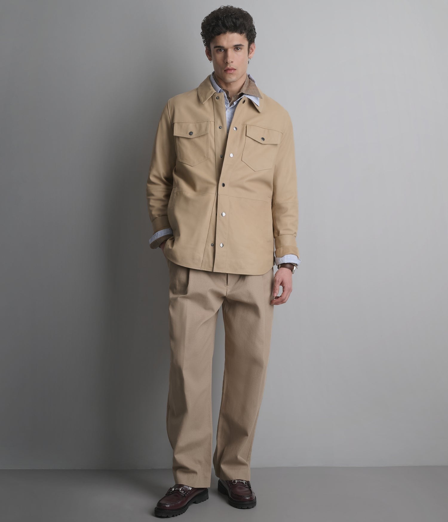 Men's Tan Full Sleeve Leather Shirt - Arcane Fox