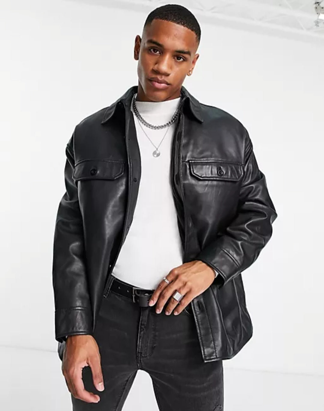 Men's Trucker Leather Shirt In Black