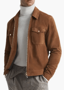 Men's Trucker Suede Leather Jacket In Dark Brown