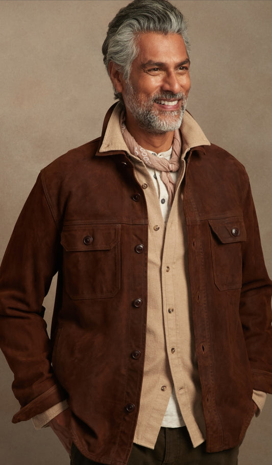 Men's Trucker Suede Leather Shirt In Dark Brown