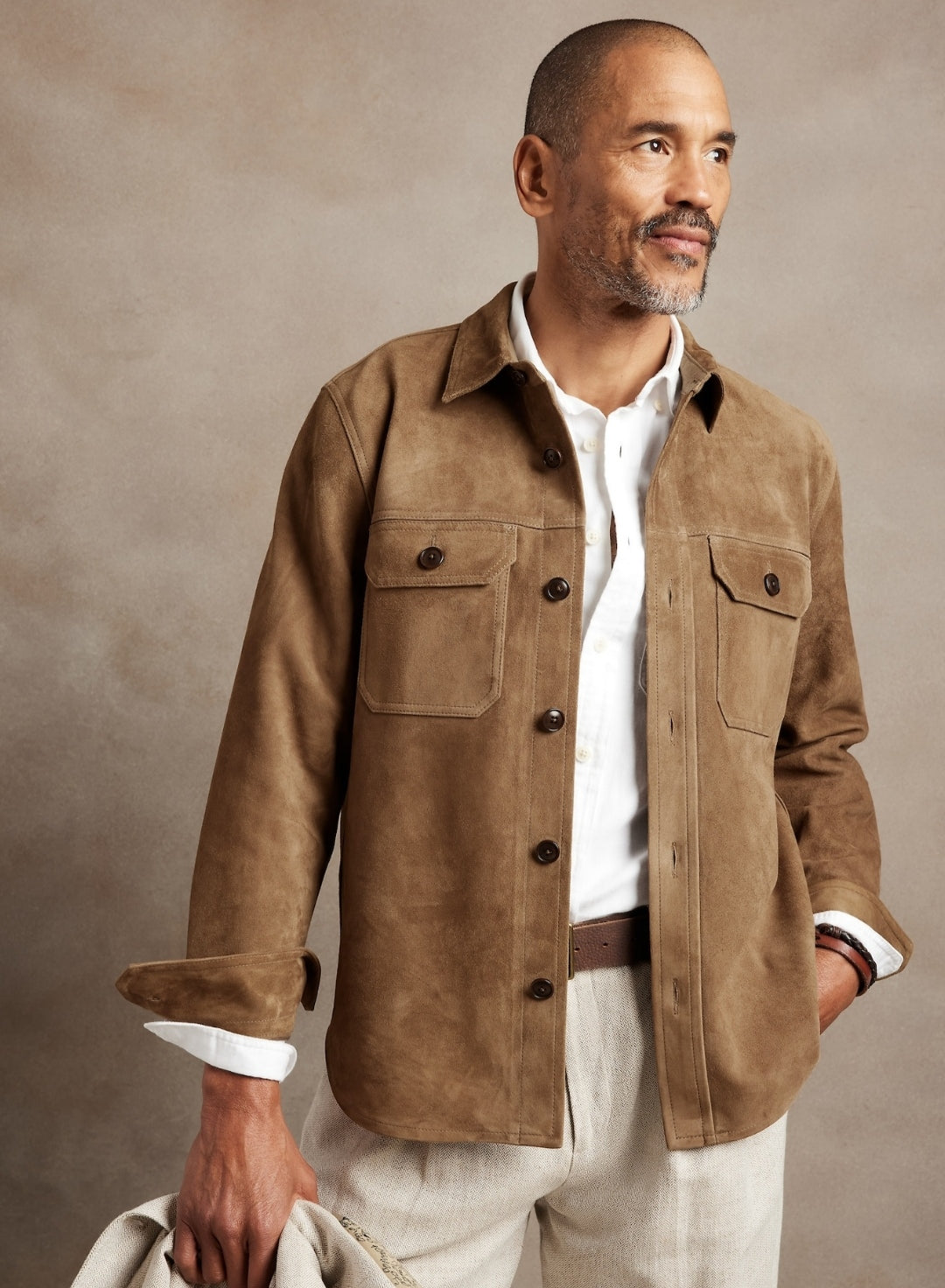 Men's Trucker Suede Leather Shirt In Tan Brown