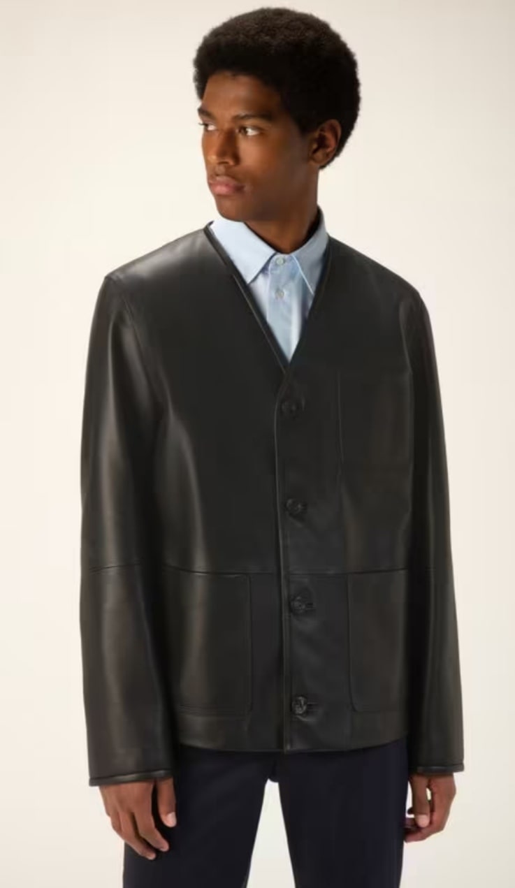 Men's V-Neck Cowhide Leather Shirt In Black