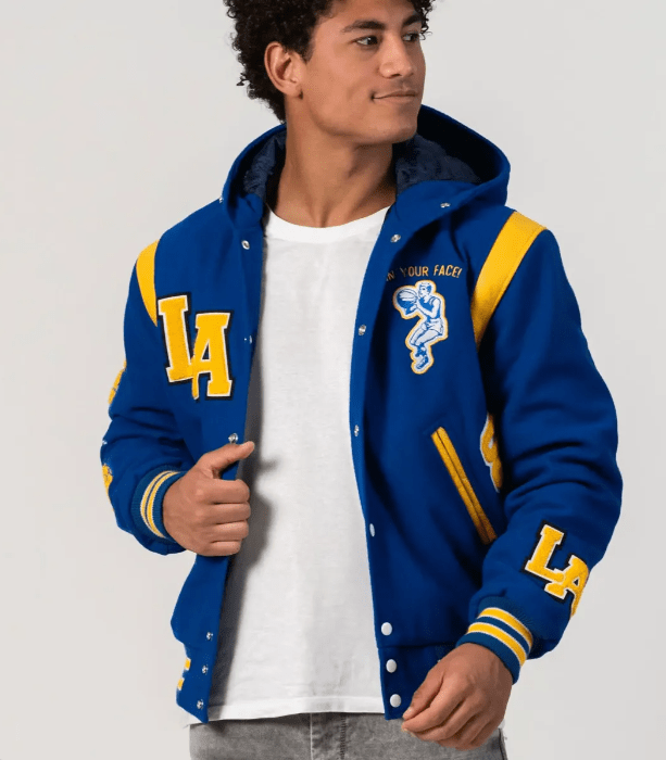 Men's Varsity Bomber Leather Jacket In Blue With Hood