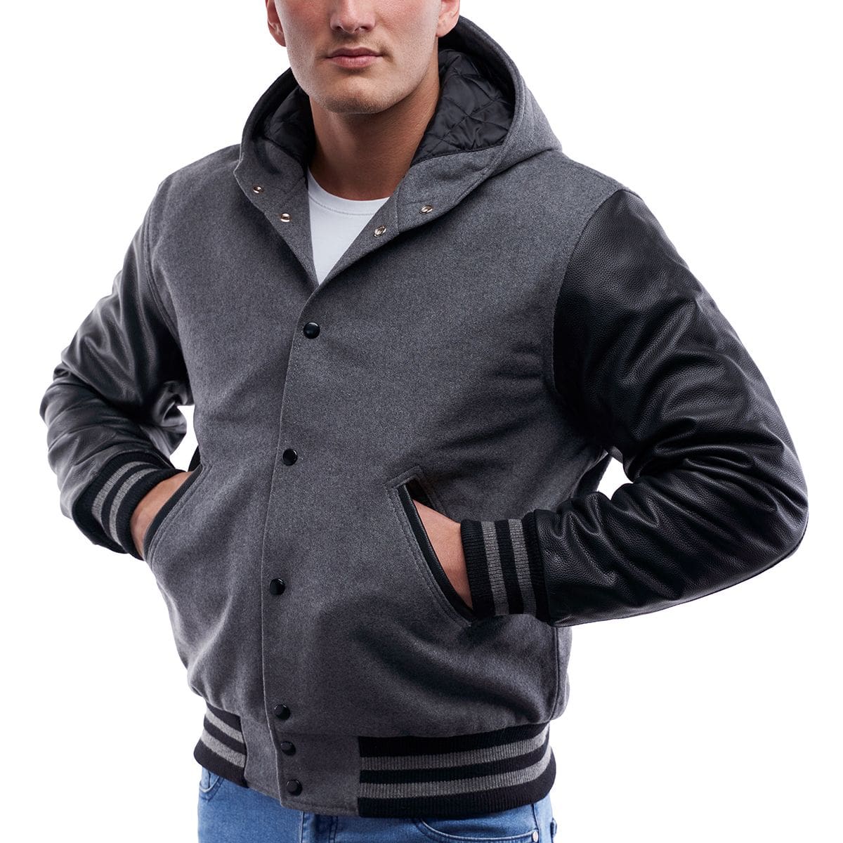 thumbnail image 2 of Deckra Men's Varsity Jacket – Faux Leather Sleeves & Fleece Body – Wool Blend Letterman College Jacket With Quilted Details 2 of 4