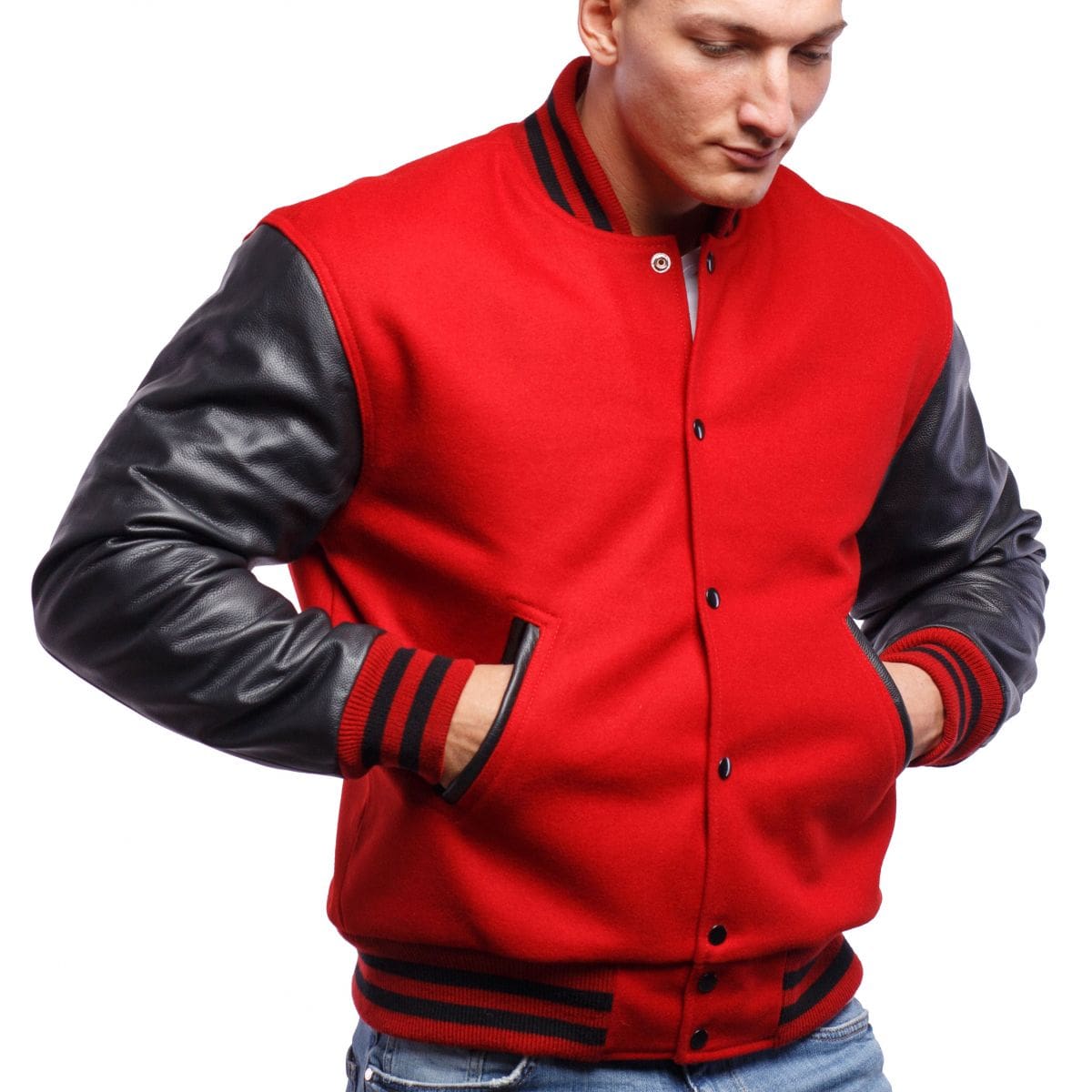 Men's Varsity Leather Jacket In Red & Black Sleeves